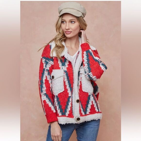 nwt ON BLUE Yellowstone ski lodge CARDI SWEATER jacket WESTERN RED/WHITE M - Picture 1 of 9